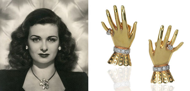گوشواره و گردنبند دست جون بنت (Joan Bennett) از جنس طلا و الماس ساخته شده توسط Paul Flato (پل فلتو)